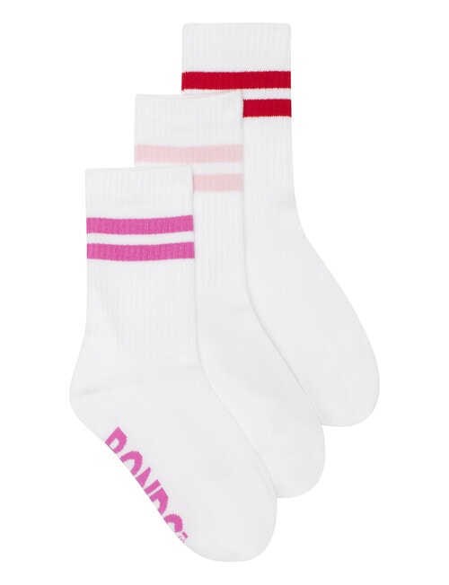 Bonds Logo Stripe Crew Socks, 3-Pack, Berry Kisses Stripe, Sugar Babe Stripe & Parisian Red Stripe product photo