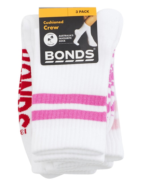 Bonds Logo Stripe Crew Socks, 3-Pack, Berry Kisses Stripe, Sugar Babe Stripe & Parisian Red Stripe product photo View 03 L