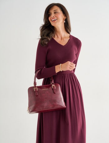 Ella J V-Neck Knit Woven Dress, Burgundy product photo