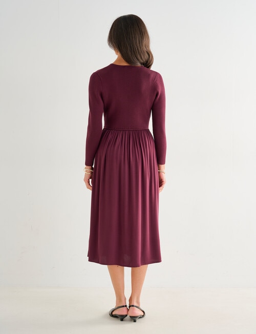 Ella J V-Neck Knit Woven Dress, Burgundy product photo View 02 L