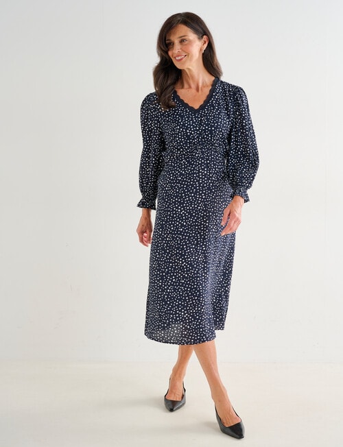 Ella J Lace Trim Dress, Navy & Ivory Spot product photo View 06 L