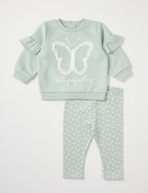Teeny Weeny Butterflies & Bows Fleece Sweatshirt & Legging Set, 2-Piece, Green product photo