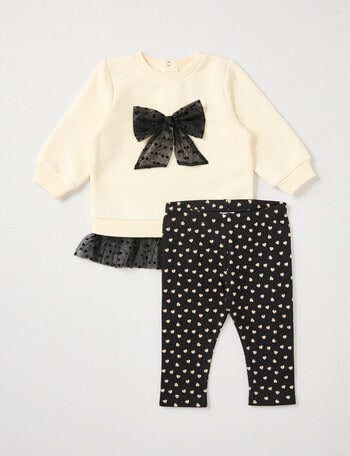 Teeny Weeny Butterflies & Bows Fleece Sweatshirt & Legging Set, 2-Piece, Cream & Black product photo