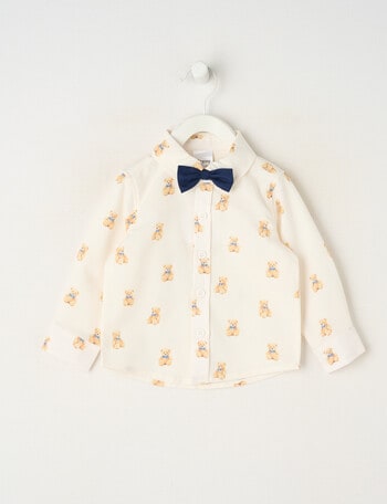 Teeny Weeny All Dressed Up Bear Print Long Sleeve Shirt with Bowtie, White product photo