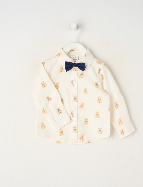 Teeny Weeny All Dressed Up Bear Print Long Sleeve Shirt with Bowtie, White product photo View 02 L
