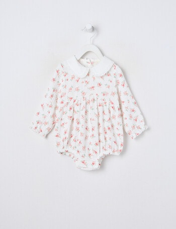 Little Bundle Pink Flower Woven Romper, White product photo