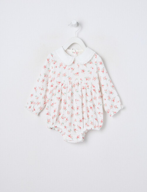 Little Bundle Pink Flower Woven Romper, White product photo