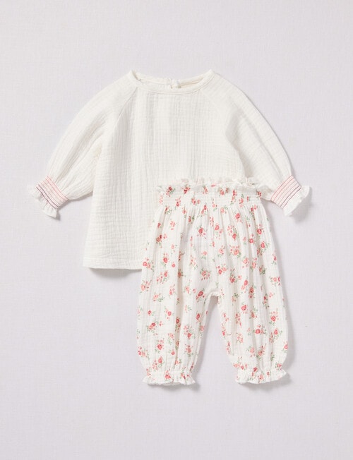 Little Bundle Pink Flowe Woven Set, 2-Piece, White & Pink product photo