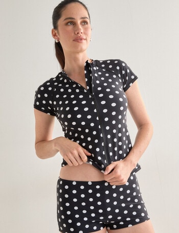 Zest Resort Short Sleeve Zip Rash Top, Black Polka Dot product photo