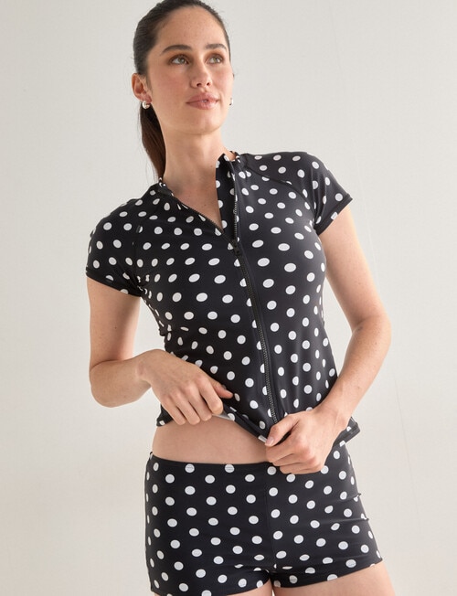 Zest Resort Short Sleeve Zip Rash Top, Black Polka Dot product photo