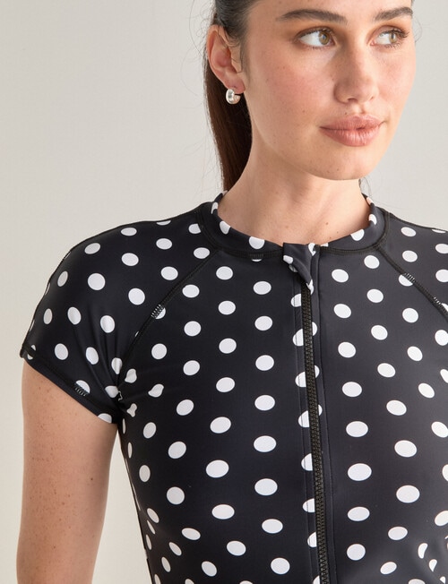 Zest Resort Short Sleeve Zip Rash Top, Black Polka Dot product photo View 04 L