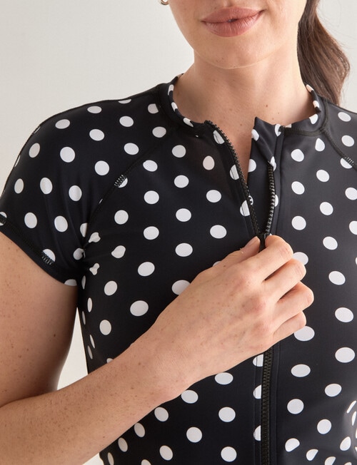 Zest Resort Short Sleeve Zip Rash Top, Black Polka Dot product photo View 05 L