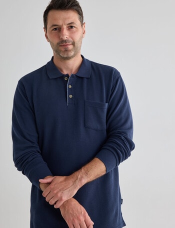 Chisel Mini Waffle Long Sleeve Polo Shirt, Dark Blue product photo