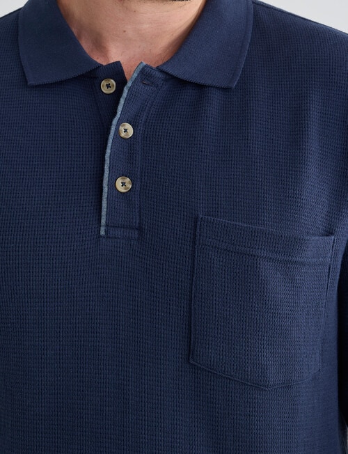 Chisel Mini Waffle Long Sleeve Polo Shirt, Dark Blue product photo View 05 L