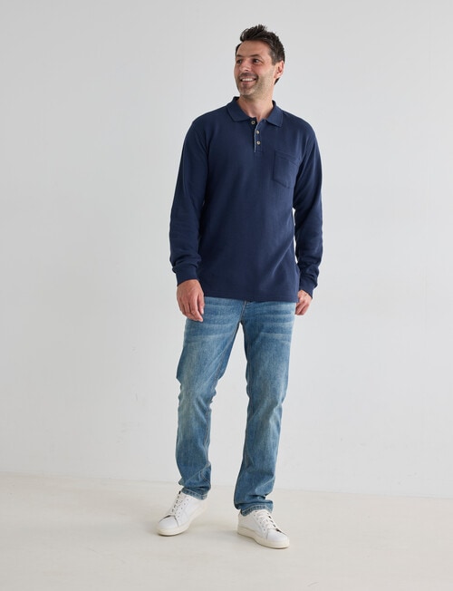 Chisel Mini Waffle Long Sleeve Polo Shirt, Dark Blue product photo View 03 L