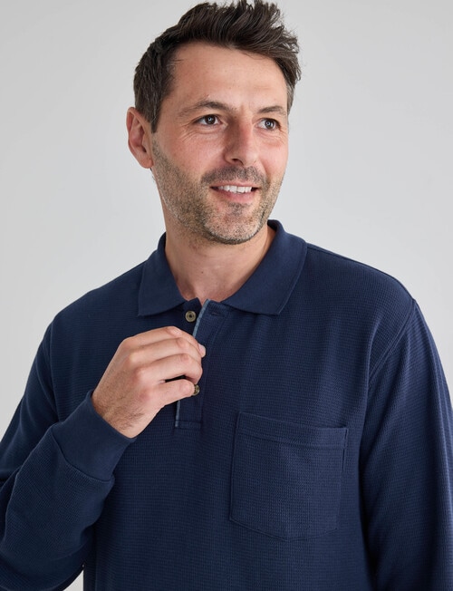 Chisel Mini Waffle Long Sleeve Polo Shirt, Dark Blue product photo View 04 L