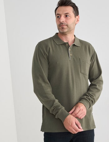 Chisel Mini Waffle Long Sleeve Polo Shirt, Khaki product photo