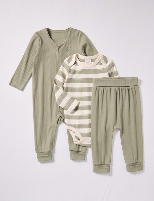 Little Bundle Safari Friends Moss Rib Sleep Set, 3-Piece, Beige & Green product photo