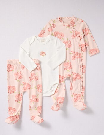 Little Bundle Pink Flower Sleep Set, 3-Piece, Pink & White product photo