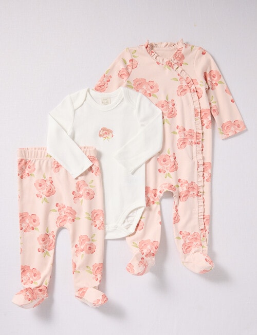 Little Bundle Pink Flower Sleep Set, 3-Piece, Pink & White product photo