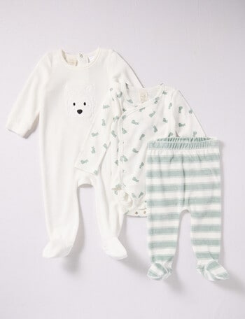 Little Bundle Scotty Dog Velour Sleep Set, 3-Piece, White & Green product photo