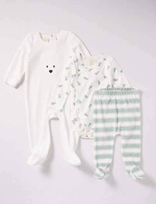 Little Bundle Scotty Dog Velour Sleep Set, 3-Piece, White & Green product photo