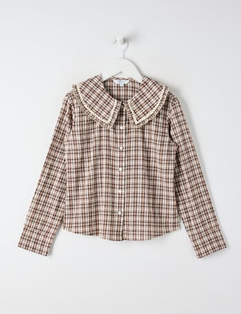 Switch Check Long Sleeve Peter Pan Collar Blouse, Chocolate product photo