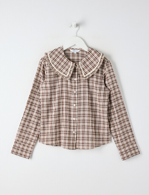 Switch Check Long Sleeve Peter Pan Collar Blouse, Chocolate product photo