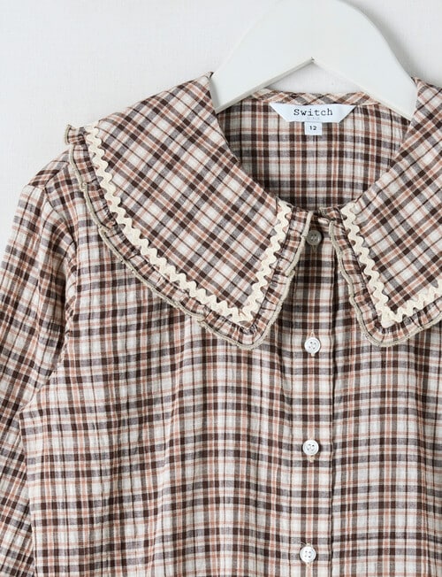 Switch Check Long Sleeve Peter Pan Collar Blouse, Chocolate product photo View 02 L