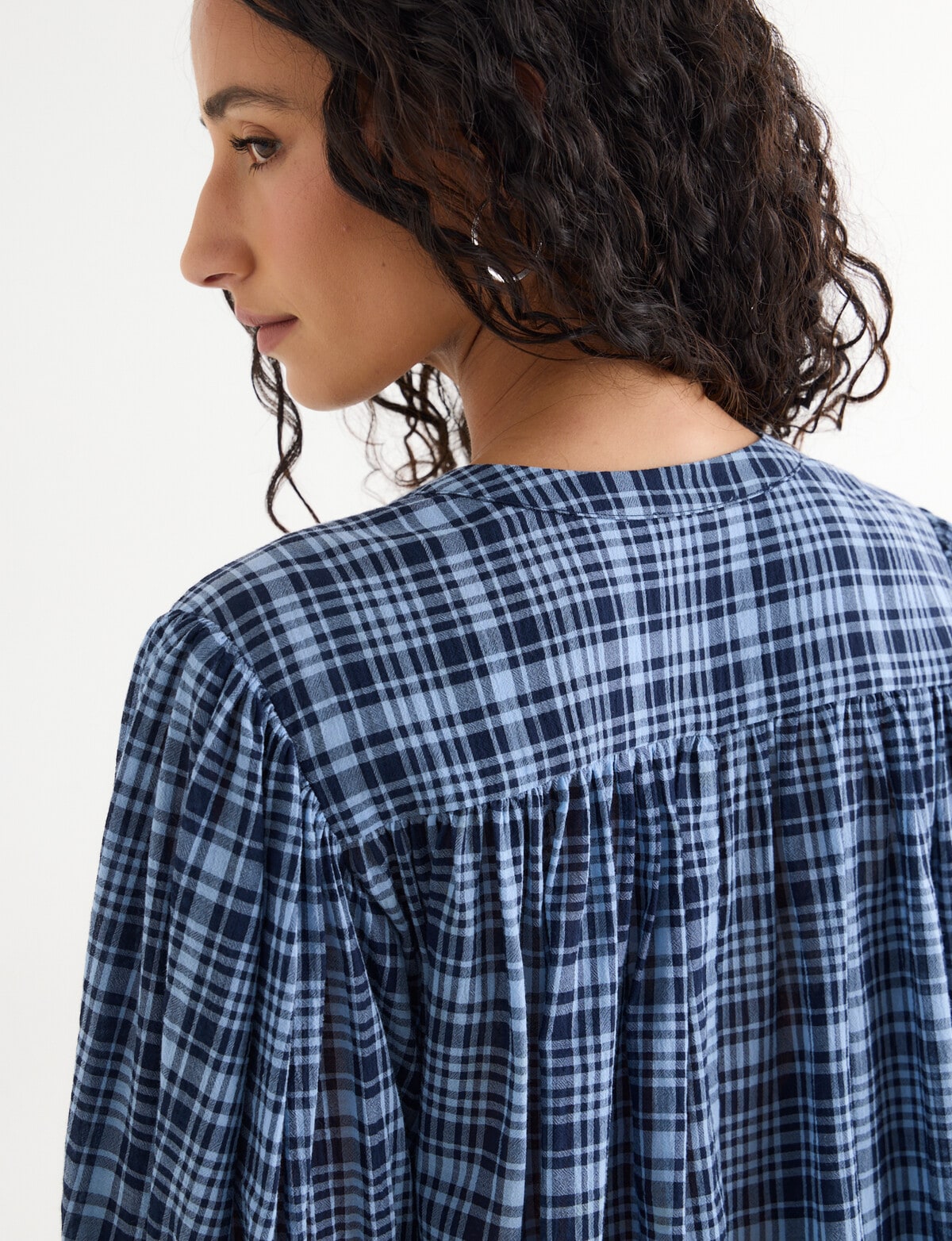 Zest Gathered Check Shirt, Navy Check - Tops