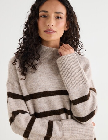 Zest Wool Blend Funnel Neck Sweater, Chocolate Stripe product photo