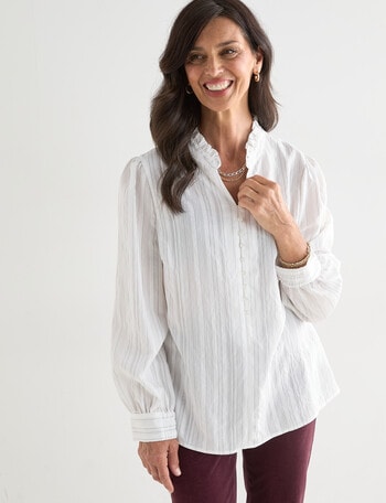 Ella J Self Stripe Ruffle Top, Ivory product photo