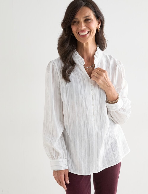 Ella J Self Stripe Ruffle Top, Ivory product photo