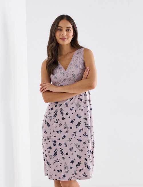 Whistle Sleep Knee Length Lace Slip Nightie , Dusk Print product photo View 06 L