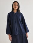 Whistle Embroidered Denim Tie Neck Blouse, Dark Wash product photo