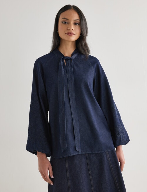 Whistle Embroidered Denim Tie Neck Blouse, Dark Wash product photo