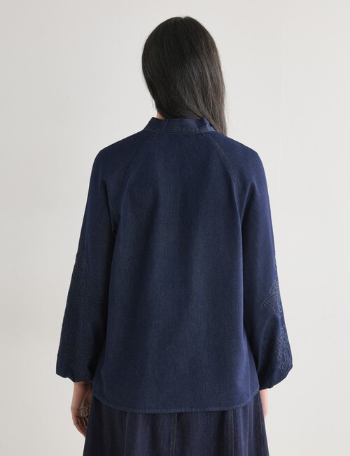 Whistle Embroidered Denim Tie Neck Blouse, Dark Wash product photo View 02 L