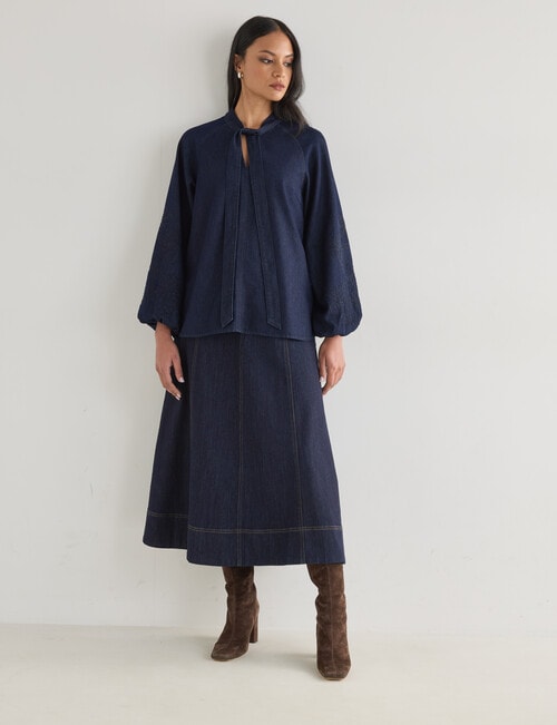 Whistle Embroidered Denim Tie Neck Blouse, Dark Wash product photo View 03 L