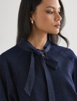 Whistle Embroidered Denim Tie Neck Blouse, Dark Wash product photo View 04 S