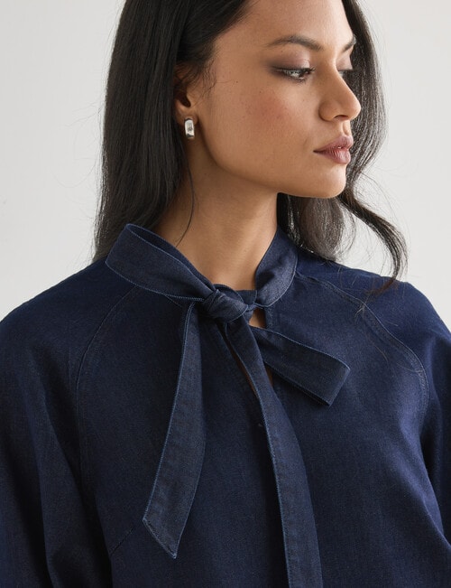 Whistle Embroidered Denim Tie Neck Blouse, Dark Wash product photo View 04 L
