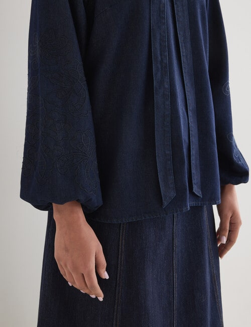 Whistle Embroidered Denim Tie Neck Blouse, Dark Wash product photo View 05 L