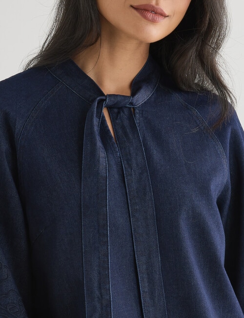 Whistle Embroidered Denim Tie Neck Blouse, Dark Wash product photo View 06 L