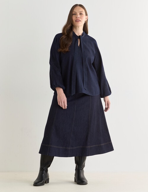 Whistle Embroidered Denim Tie Neck Blouse, Dark Wash product photo View 12 L