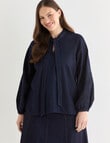 Whistle Embroidered Denim Tie Neck Blouse, Dark Wash product photo View 13 S