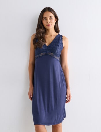 Whistle Sleep Knee Length Lace Slip Nightie, Navy product photo
