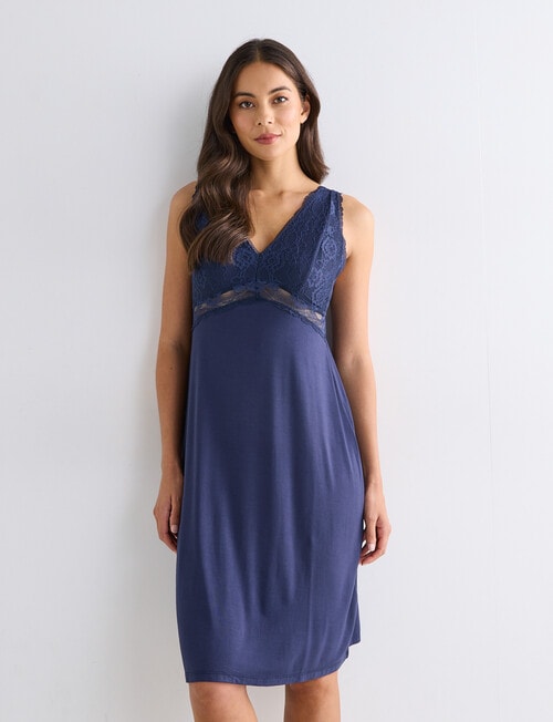 Whistle Sleep Knee Length Lace Slip Nightie, Navy product photo