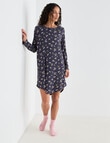 Zest Sleep Ditsy Long Sleeve Rib Nightie, Graphite, 8-18 product photo