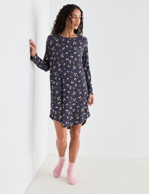 Zest Sleep Ditsy Long Sleeve Rib Nightie, Graphite, 8-18 product photo