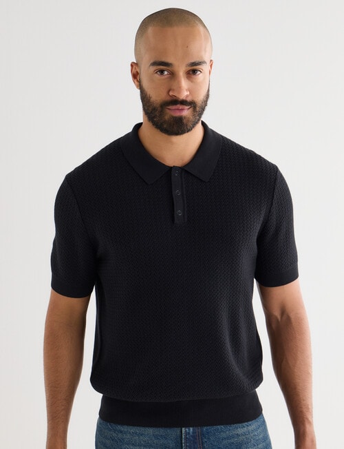 Gasoline Crochet Short Sleeve Knit Polo Shirt, Black product photo