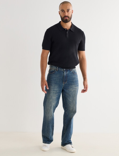 Gasoline Crochet Short Sleeve Knit Polo Shirt, Black product photo View 03 L